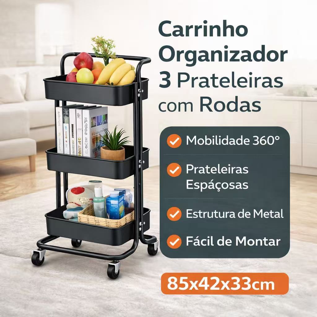 Carrinho Organizador 3 Prateleiras com Rodas – Estante Multiuso para Cozinha, Banheiro e Escritório (85x42x33cm) em Oferta na Shopee