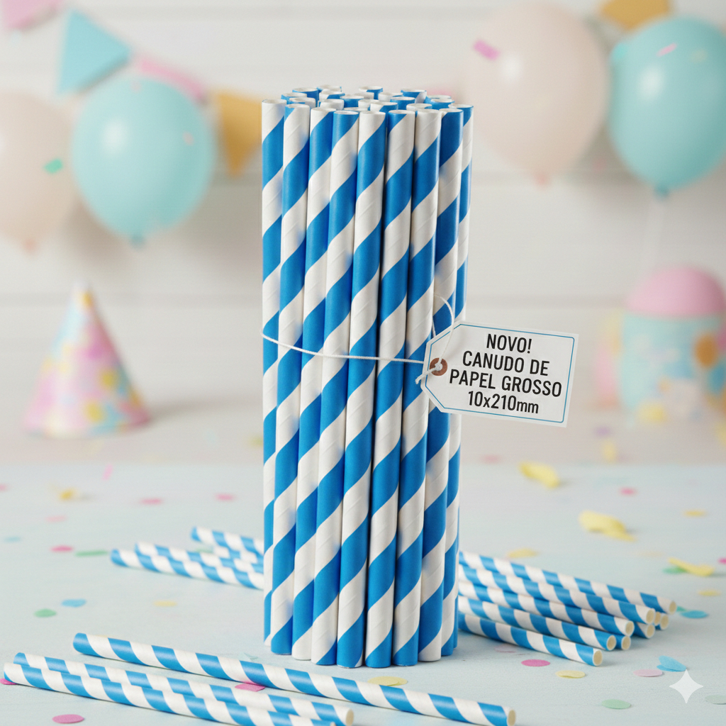 100 Canudo De Papel Grosso Colorido Listrado Branco e Azul Milk Shake Vitamina Biodegradável 10 x 210 mm