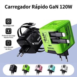 Carregador De Parede Portátil De Cabo Duplo GaN 120W Adaptador De Carregamento Rápido De Alta Potênc