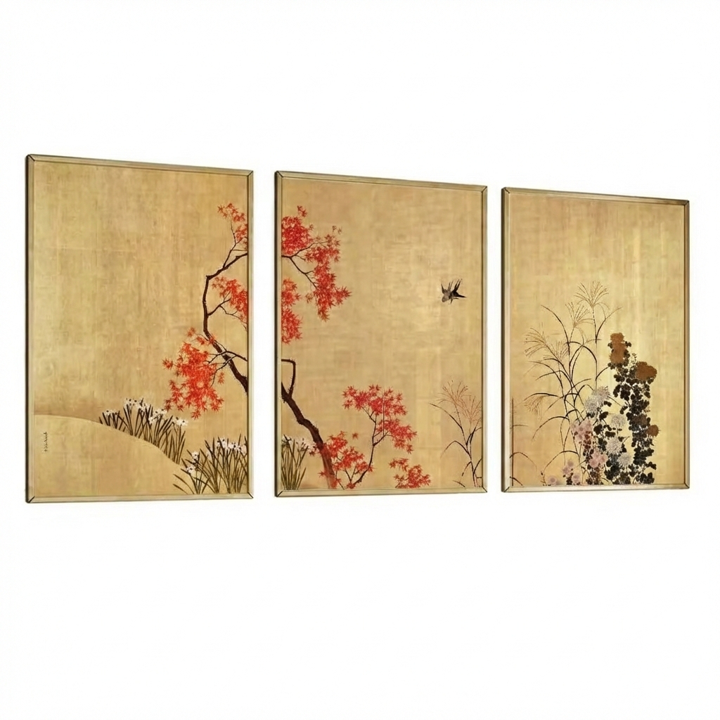 Quadros decorativos arte oriental paisagem japonesa flor pássaro estilo clássico elegante (3 peças)