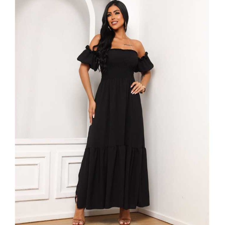 Vestido Longo  Preto Manga Ciganinha Casual Moda Evangelica Fenda  soltinho Feminino
