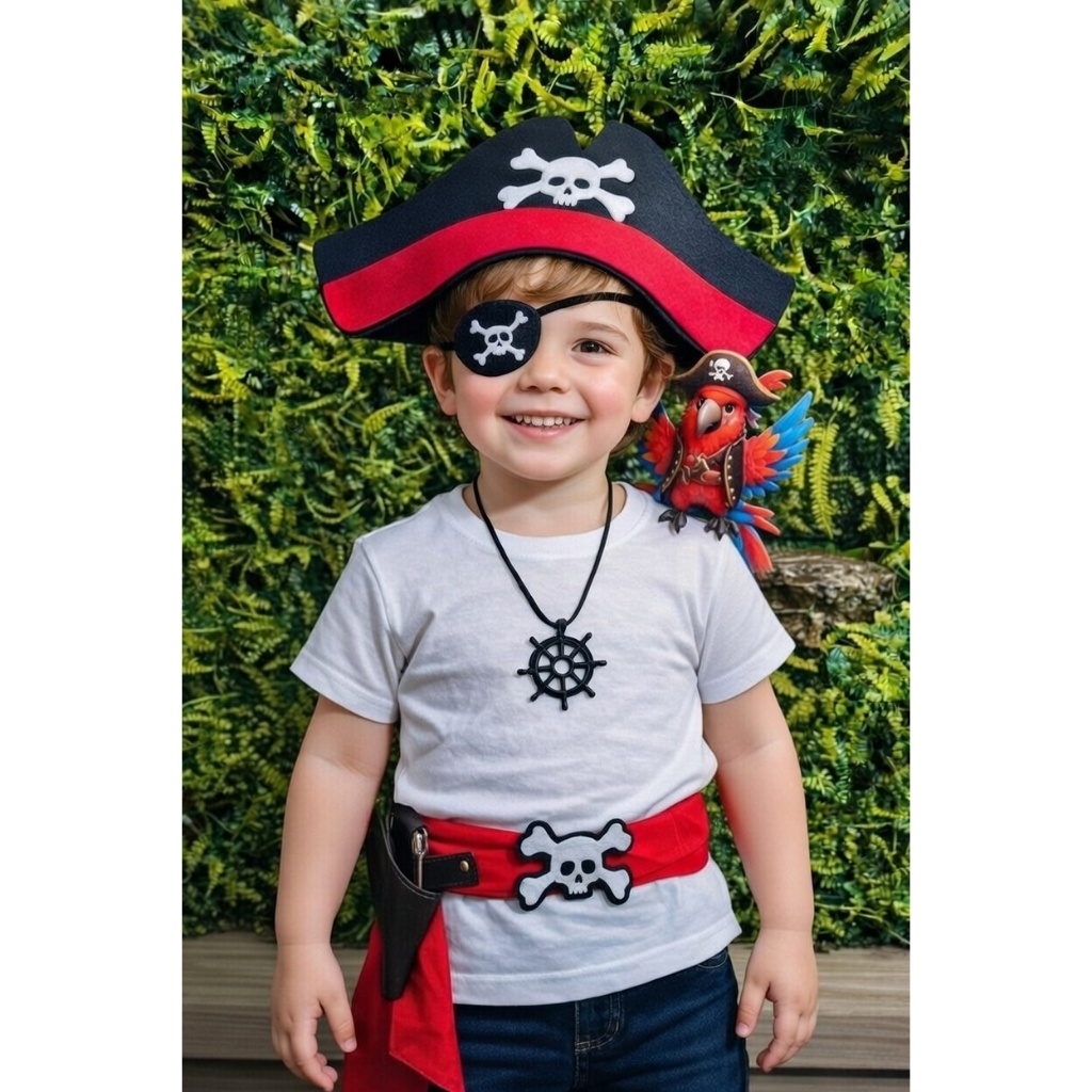 Kit Fantasia Pirata Infantil Completo com Chapéu, Tapa-Olho, Cinto, Coldre e Arara
