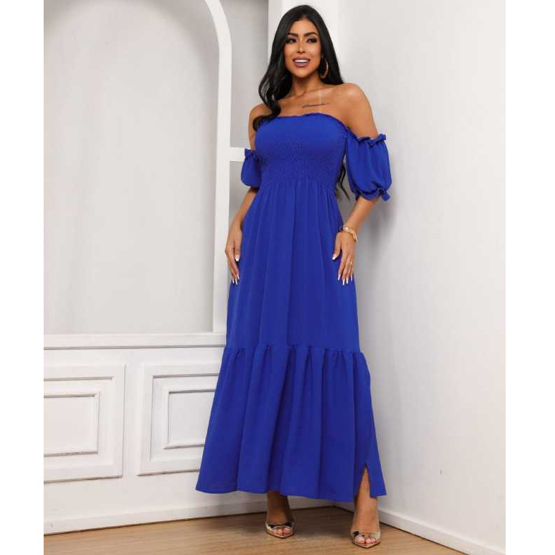 Vestido Azul Longo Manga Ciganinha Fenda Casual Feminino Moda Evangelica Cristã Duna