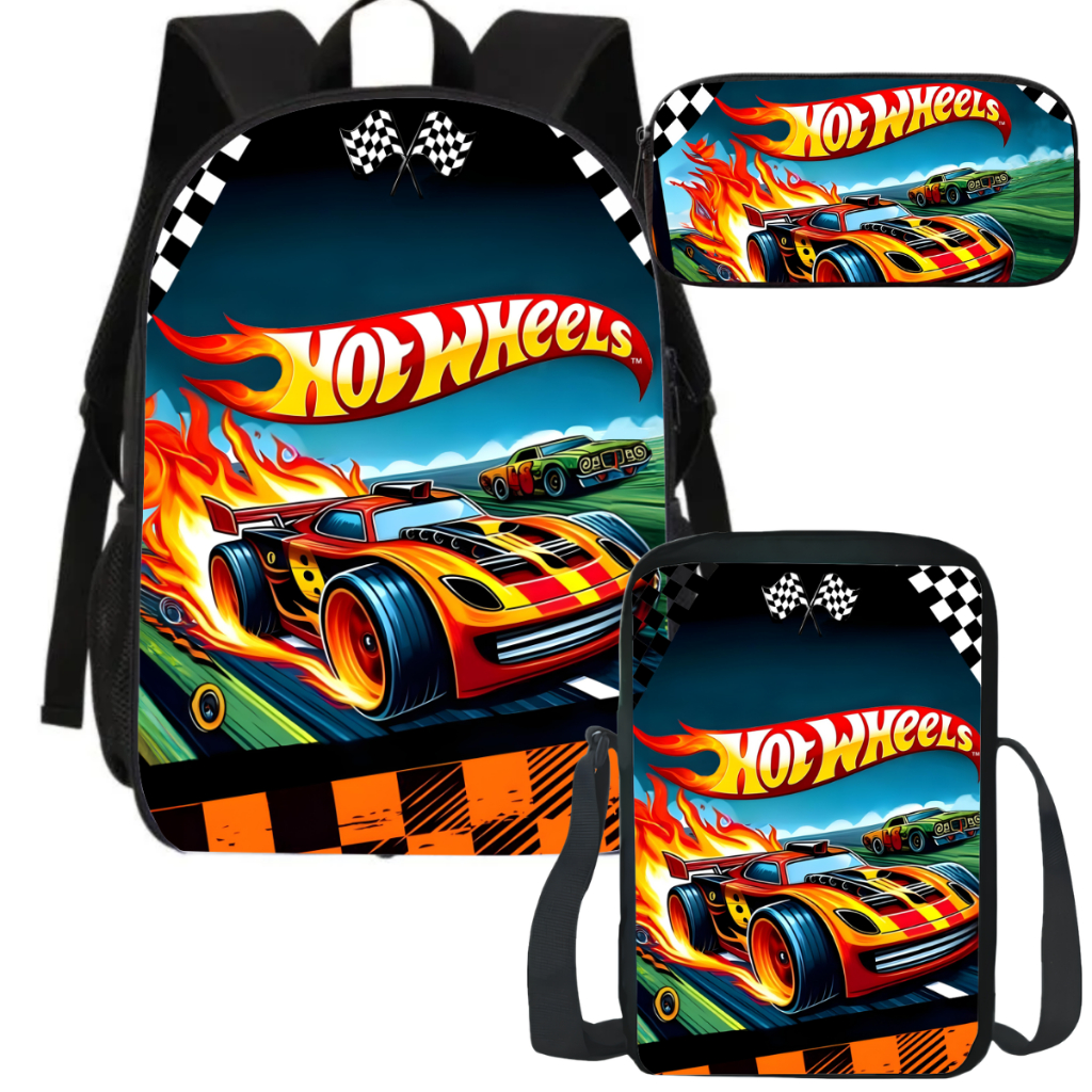 Kit Mochila Com Lancheira E Estojo Escolar Infantil Estampa Carros Hot Wheels