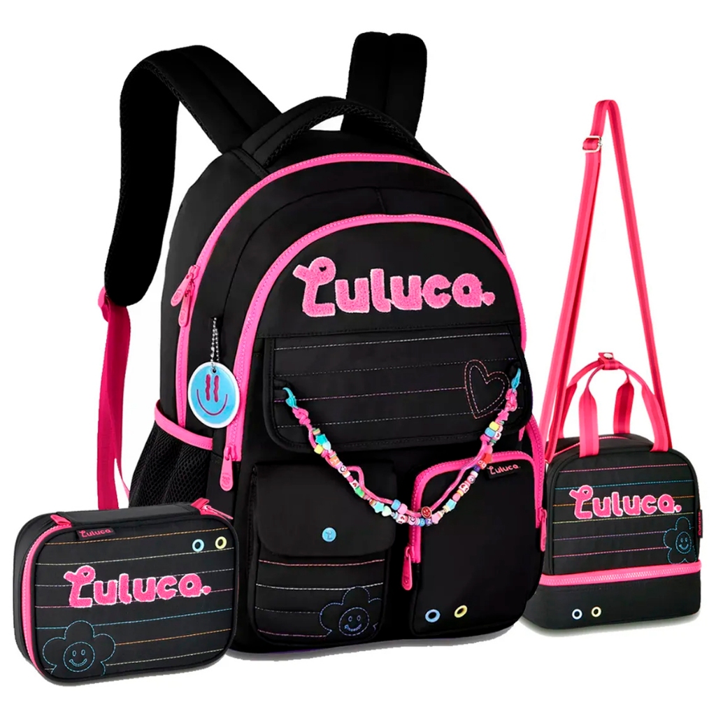Kit Mochila Costas Escolar Luluca Feminina Juvenil Miçangas em Oferta na Shopee