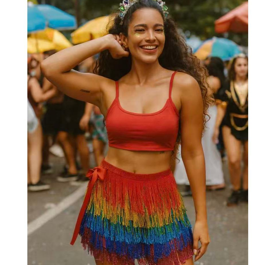 Conjunto de Festa  para Carnaval e Baladas - Saia de Franja Colorida em Oferta na Shopee