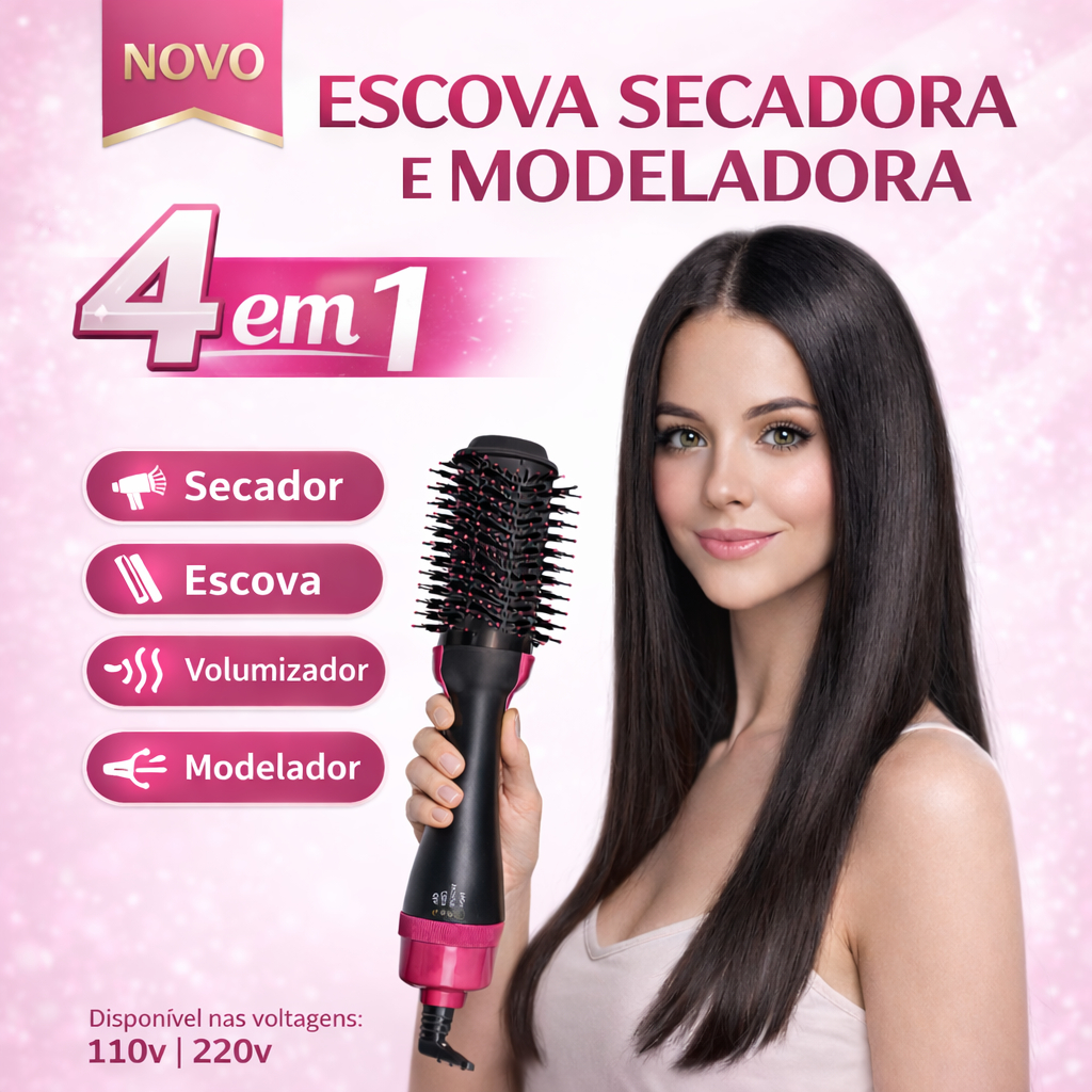 Escova Secadora de Cabelo Elétrica 4 em 1 Modeladora Alisadora Volumizadora Secagem Rápida...