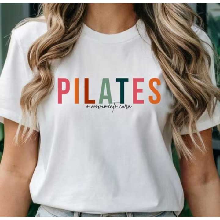 Camiseta Feminina Pilates Estampada – T-Shirt Confortável Academia Casual Várias Cores