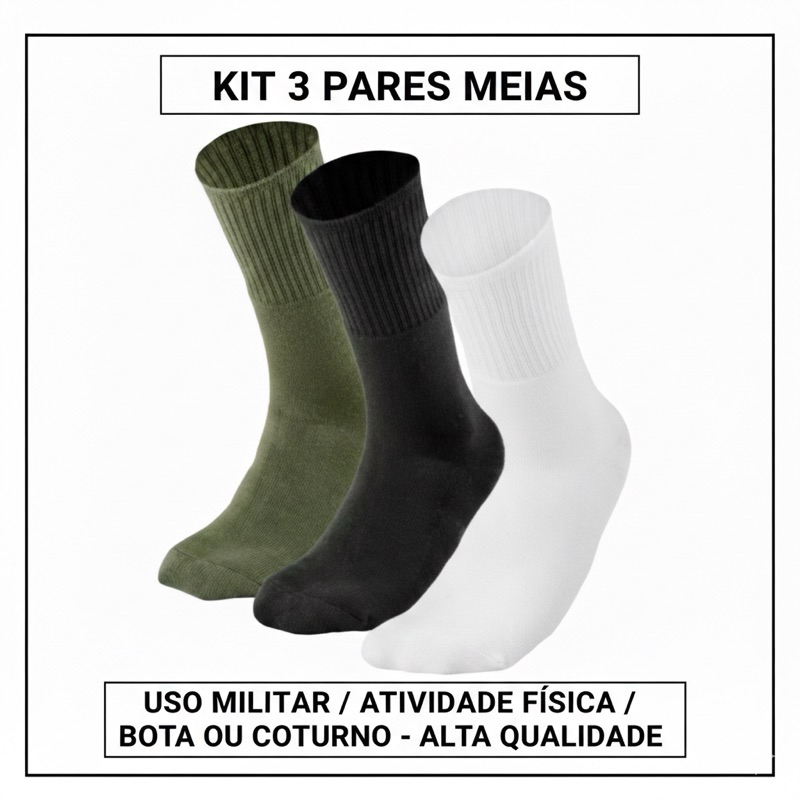 Kit com 03 Meias (VO, Preta e Branca) Premium Militar TFM/Coturno Tática