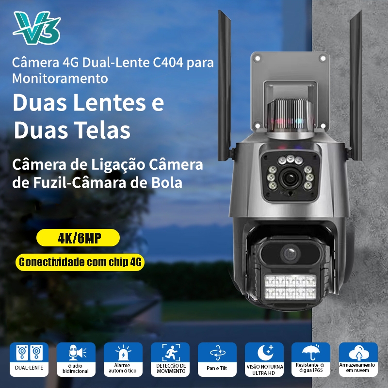 V3 C404 4G Câmera Externa a Prova D'água 4K 6MP com Alarme Câmera de Seguranç Bivolt em Oferta na Shopee