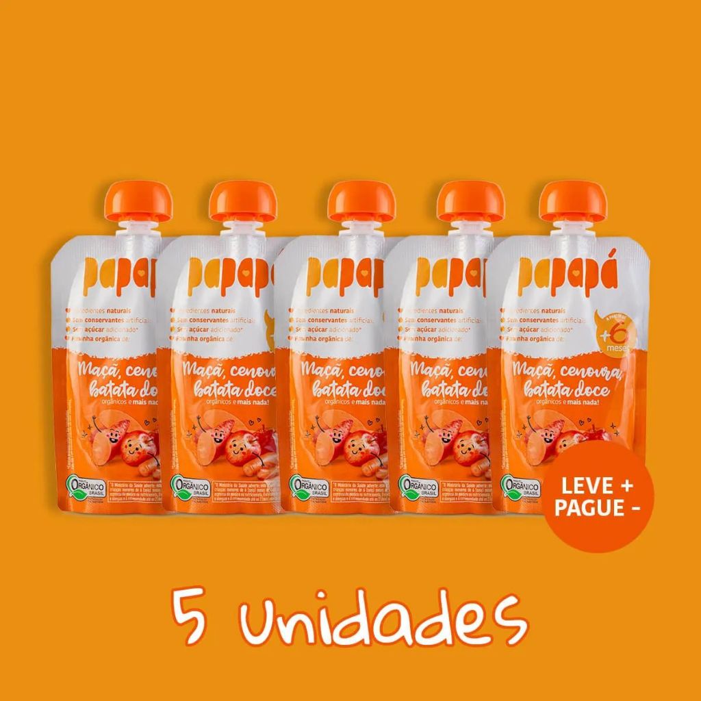 Kit com 5 Papinha Orgânica Papapá Maçã, Cenoura e Batata-Doce 100g cada
