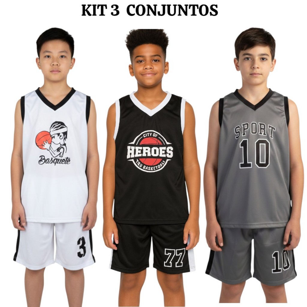 Kit 6 Peças De Roupa Infantil para Menino Estilo Basquete - Conjunto com 3 Regatas + 3 Shorts