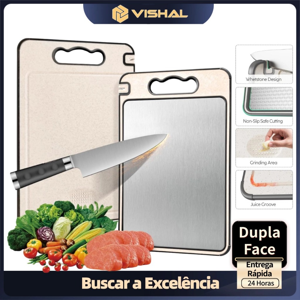 Tábua de Corte Dupla Face com Afiador 2 em 1 - Aço Inox e PP Antifungo, Prática e Higiênica