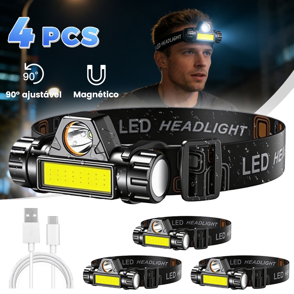 4 PCS Lanterna de Cabeça Potente 5000 Lumens Recarregável T6 COB IPX4 Magnética 800m