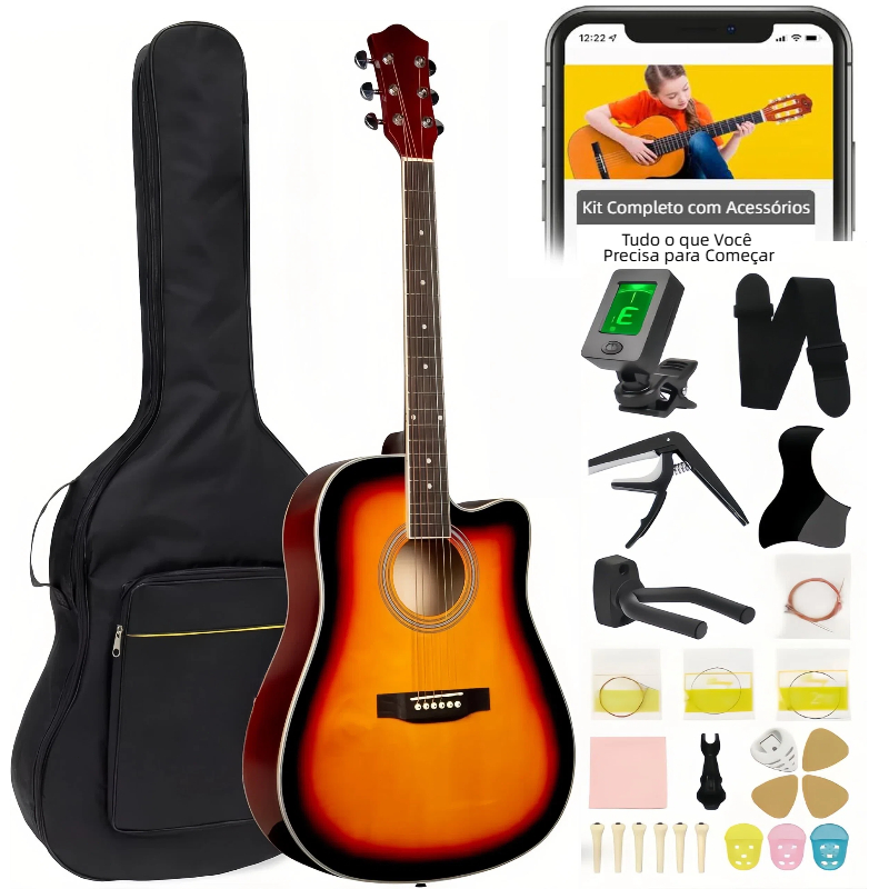 Kit Violão Eletroacústica 38 Polegadas para Iniciante Equalizador 4 Bandas Integrado + Afinador + Acessórios