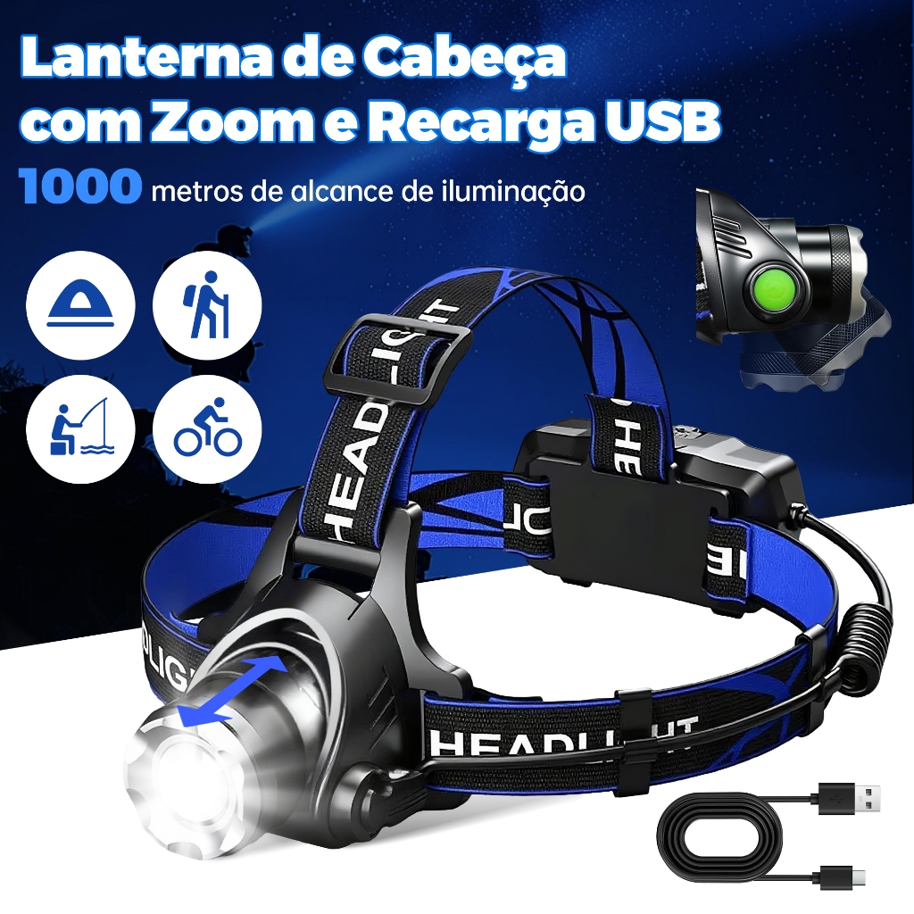 Lanterna de Cabeça LED T6 X2000 Recarregável Zoom IPX4 Headlamp Outdoor