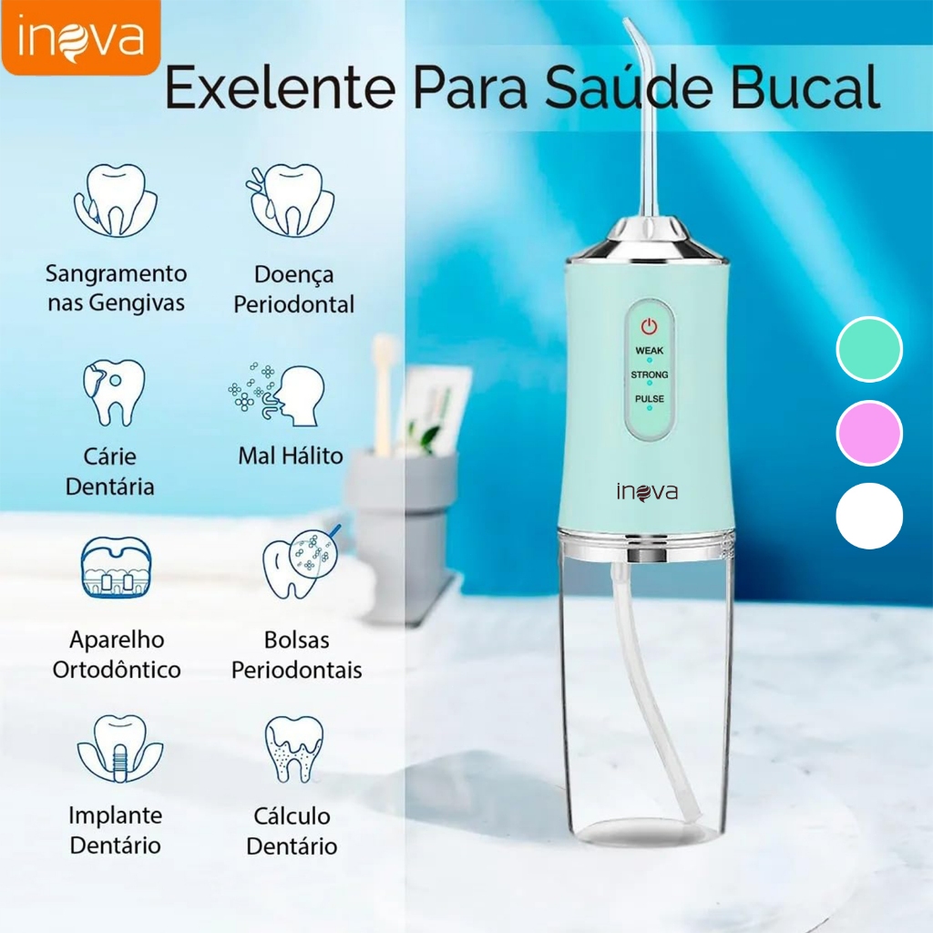 Irrigador Oral INOVA Portátil Jato de Água 3 Modos Fio Dental à Água Recarregável USB 220ml Kit 4 Bicos - Para Aparelho em Oferta na Shopee