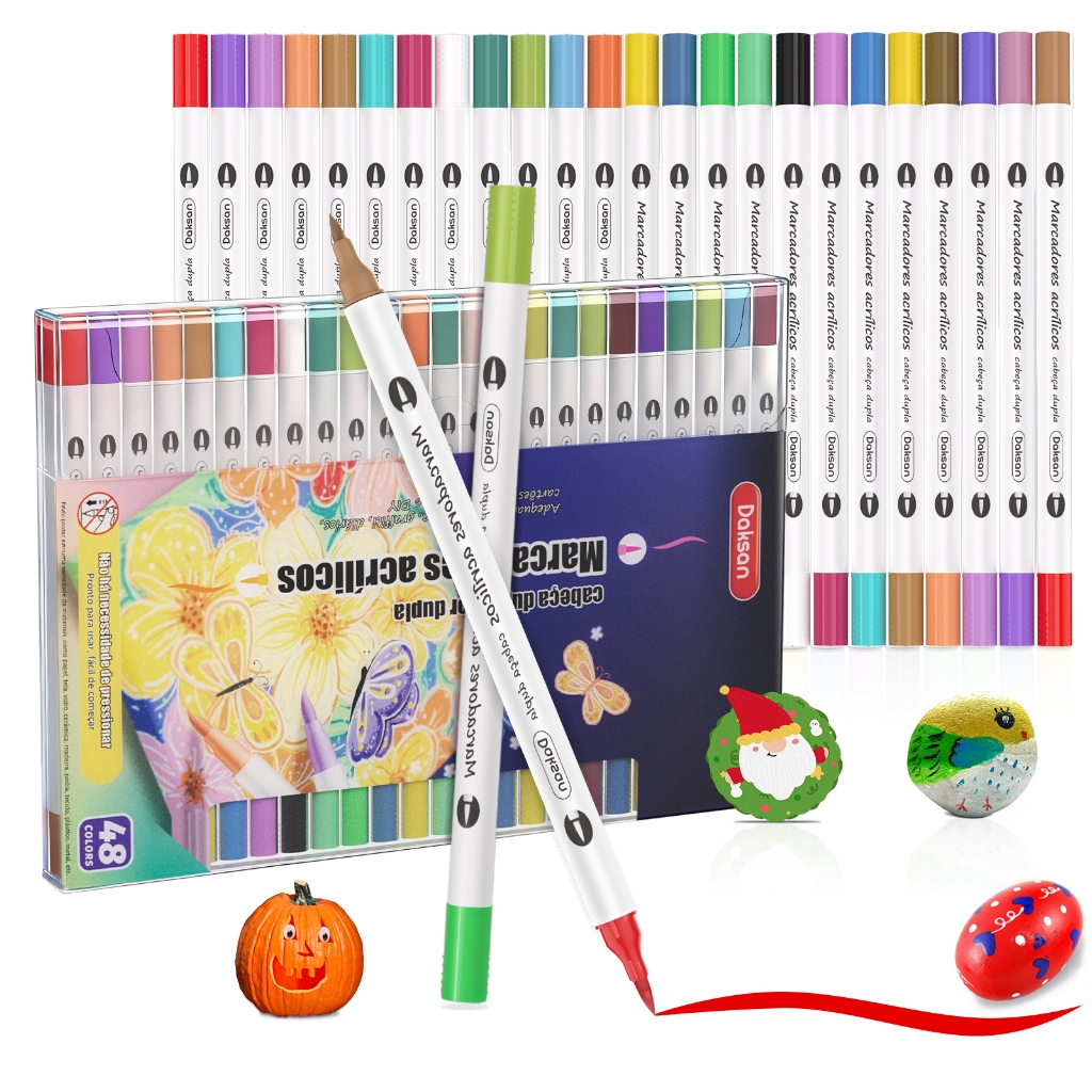 Kit 24/48/72 Cores Caneta Marcadora Acrílica Ponta Dupla Prova da agua profissional Pintura Cerâmica Glas Madeira em Oferta na Shopee