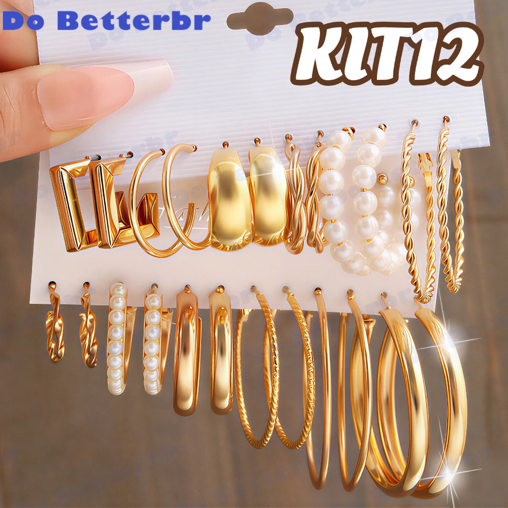 Conjunto Elegante Brinco Com Argola De Ouro Brincos De Pérola Para Mulheres Joias Acessórios 12PCS em Oferta na Shopee