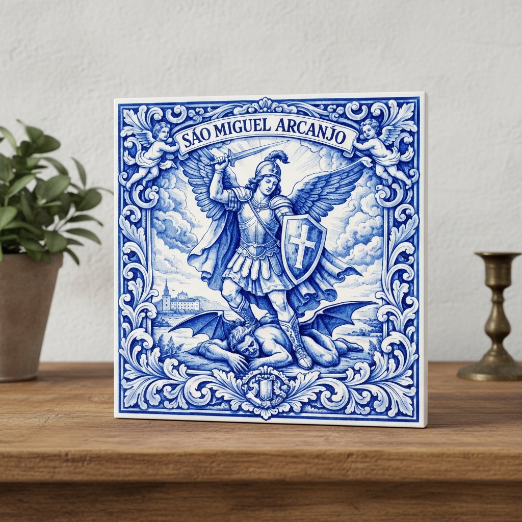 São Miguel Arcanjo - Azulejo Decorativo Estilo Português- 15x15 Cm