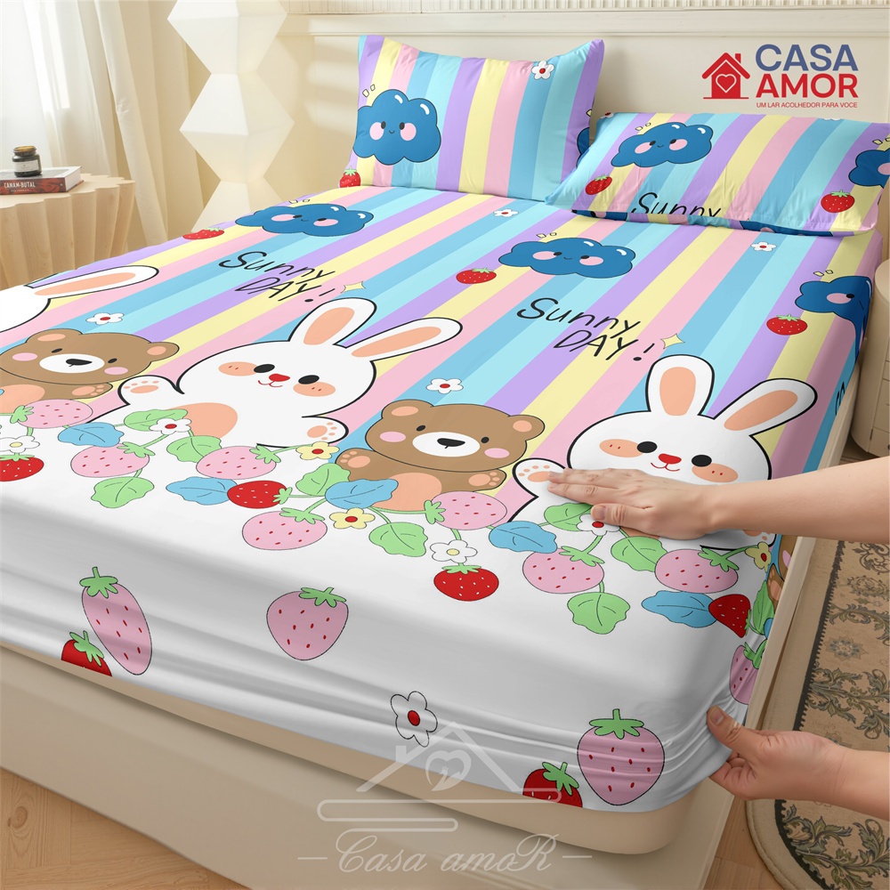 Jogo de Lençol Estampado de Coelhos 03 Peças Não Descorante Macio e Confortável - Solteiro/Casal/Queen | Percal com Pont em Oferta na Shopee