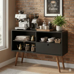 Aparador de Café Moderno com Porta Basculante Nichos Decorativos Buffet Retrô para Cozinha Sala