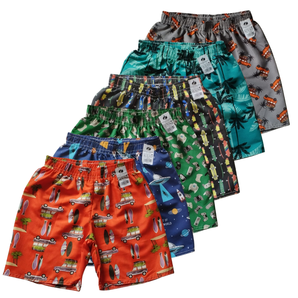Kit Com 03 Bermudas Surf De Elástico Infantil Praia Tactel Estampado Verão Juvenil