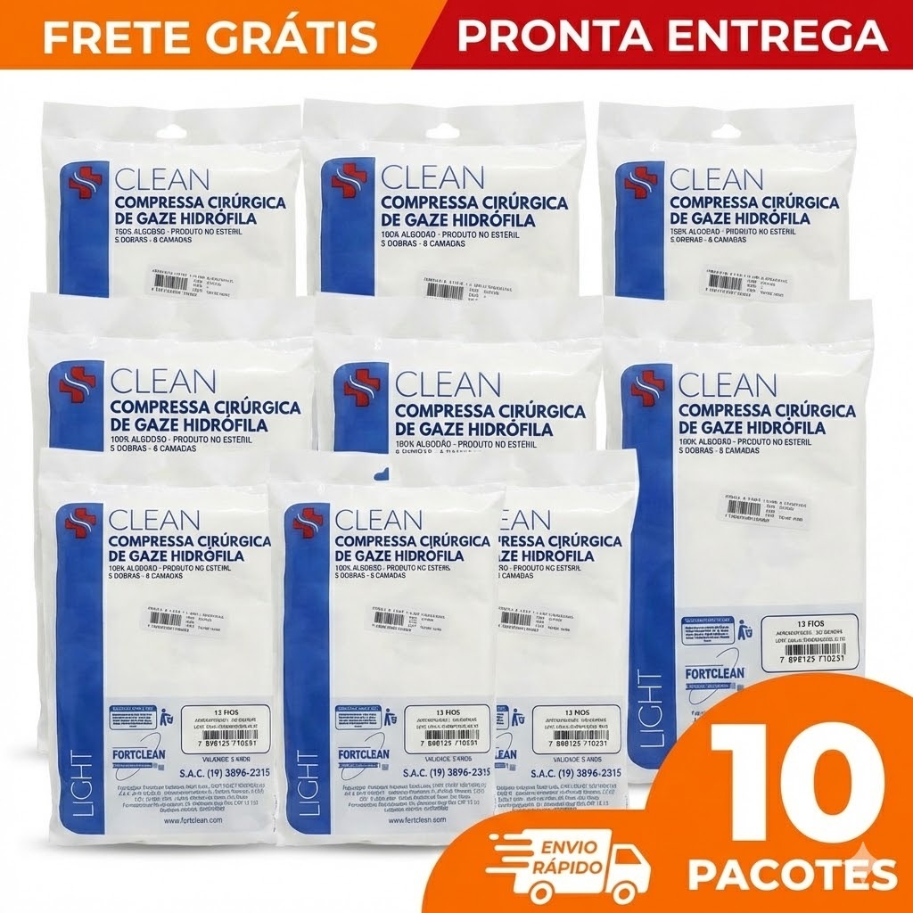 Kit com 10 Pacotes de Compressa de Gaze – 13 Fios | 7,5 x 7,5 cm em Oferta na Shopee