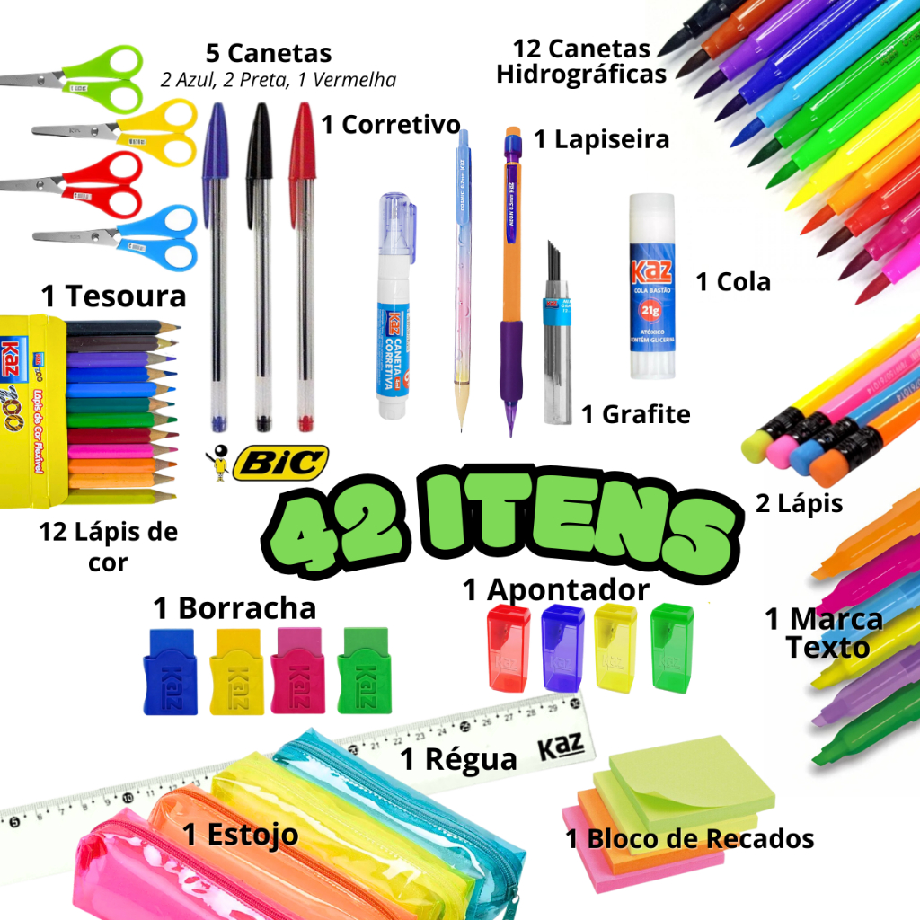 Kit 42 Itens Material Escolar Completo Caneta Atacado Ensino Médio E Fundamental Estojo Volta às Aulas 2026