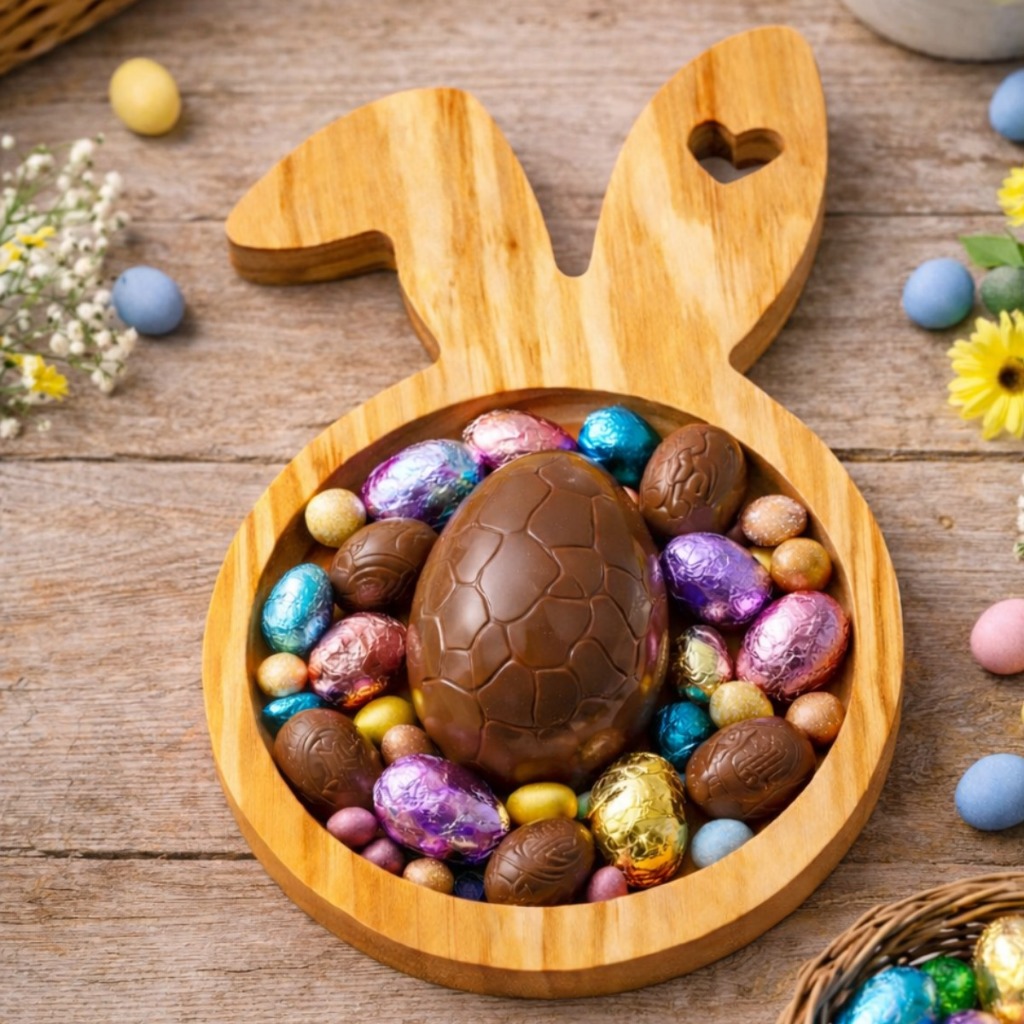 Petisqueira Coelho Da Páscoa Madeira 22cm Rebaixo Redondo Decorativa