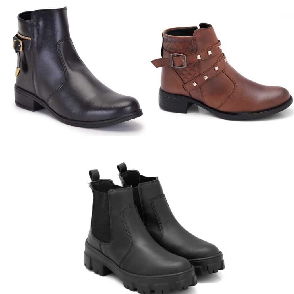 Coturno Feminino sem Bag PT + Bota Cano Baixo 206 Caramelo + Botinha de Coração Preto
