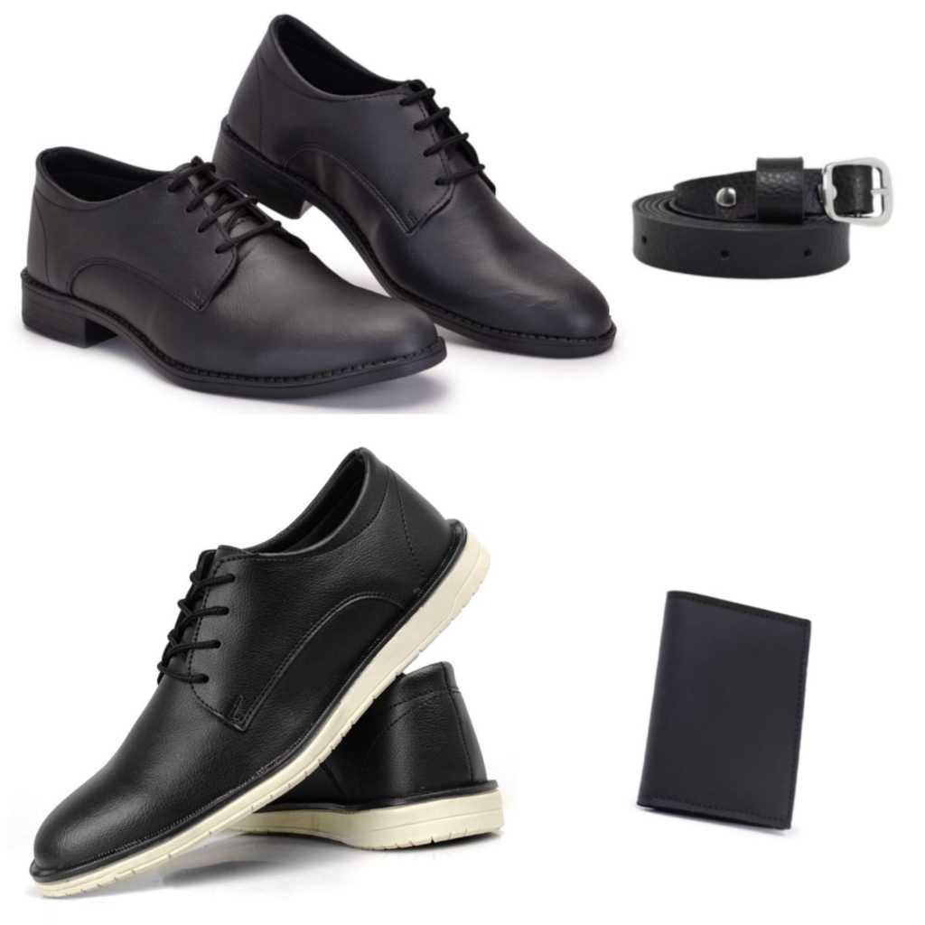 Kit Masculino Porta Cartão + Cinto Preto + Sapato Social Solado Branco na Cor Preto + Sapato Social com o Solado  Preto