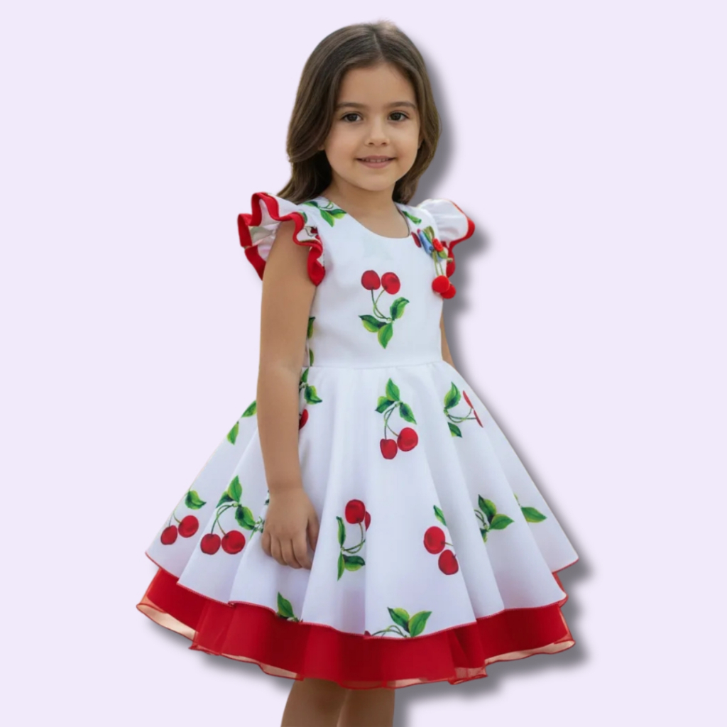 Vestido Infantil Estampado Curto Temático Cereja Festa Princesa
