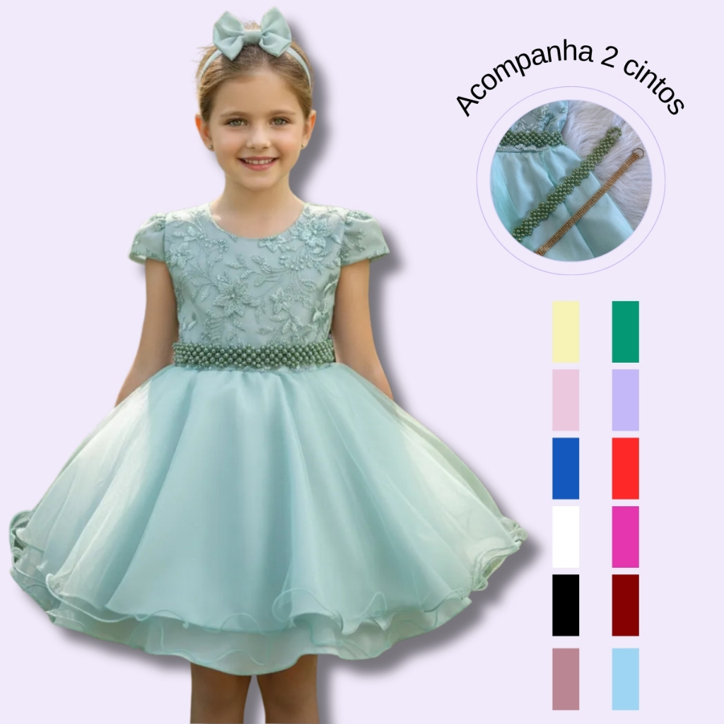 Vestido Infantil Festa Bordado Com Cinto De Pérola Luxuoso Curto em Oferta na Shopee