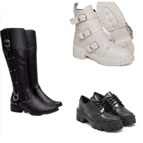 Bota de cano alto preta com fivela+sapato oxford de mocassim preto+bota de conturno branca 3 fivelas