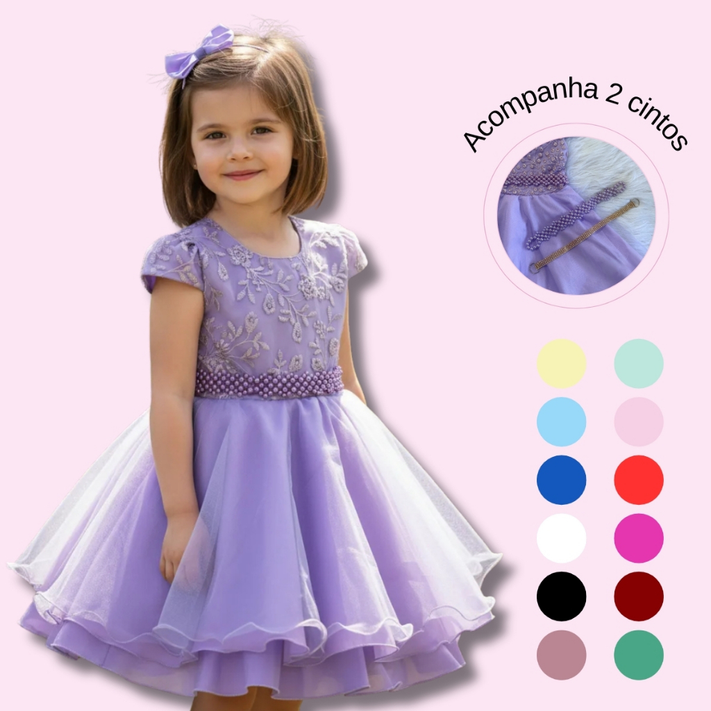 Vestido Menina Infantil Casamento Social Com Cinto Luxuoso Bordado Curto