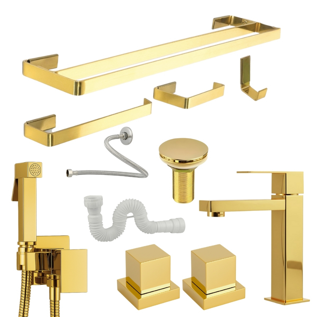 Kit Acessórios Banheiro Duplo Dourado Gold com Ducha + Torneira Válvula e Kit Instalação