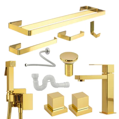 Kit Acessórios Banheiro Duplo Dourado Gold com Ducha + Torneira Válvula e Kit Instalação
