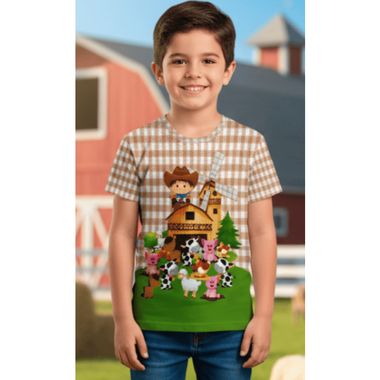 Camiseta Adulta ou Infantil Básica - Fazendinha Marrom em Oferta na Shopee