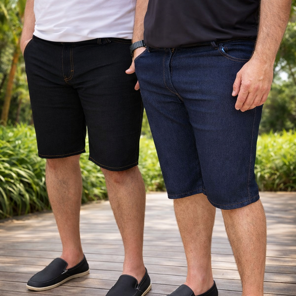Kit 2 Unidade Bermuda Masculina Jeans Plus size com Elastano Lycra Azul & Preto
