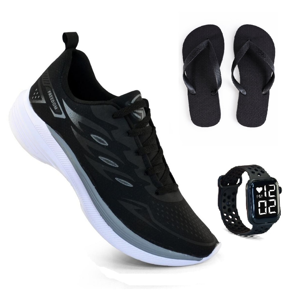 Tenis Masculino  + Relogio + Chinelo Esportivo Caminhada Corrida Treino Versatil Macio e Leve Promoção em Oferta na Shopee