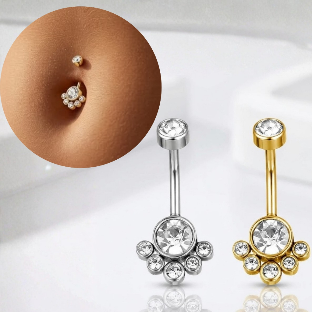 Piercing Indiano Umbigo Banana Bell Cacho Zircônias Feminino Acessórios Prata Dourado Aço Cirúrgico Anti Alérgico