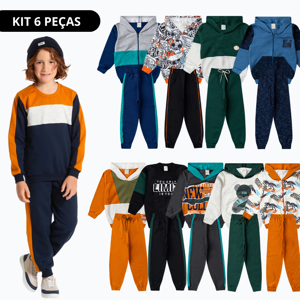 Kit Sortido 6 Peças de Roupas Infantis Menino Inverno- 3 Casacos + 3 Calças
