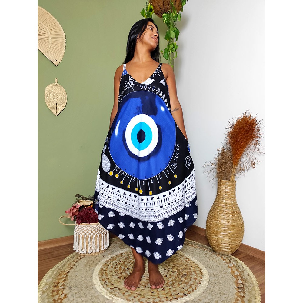 Vestido Indiano Kaftan Longo Olho Grego