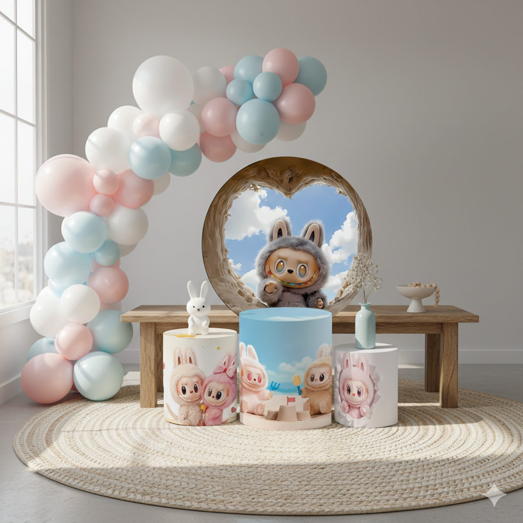 Kit de Capas Decoração Aniversário Tema Boneco Cute Tipo L-Bubu Ideal para Festa Infantil Alegre