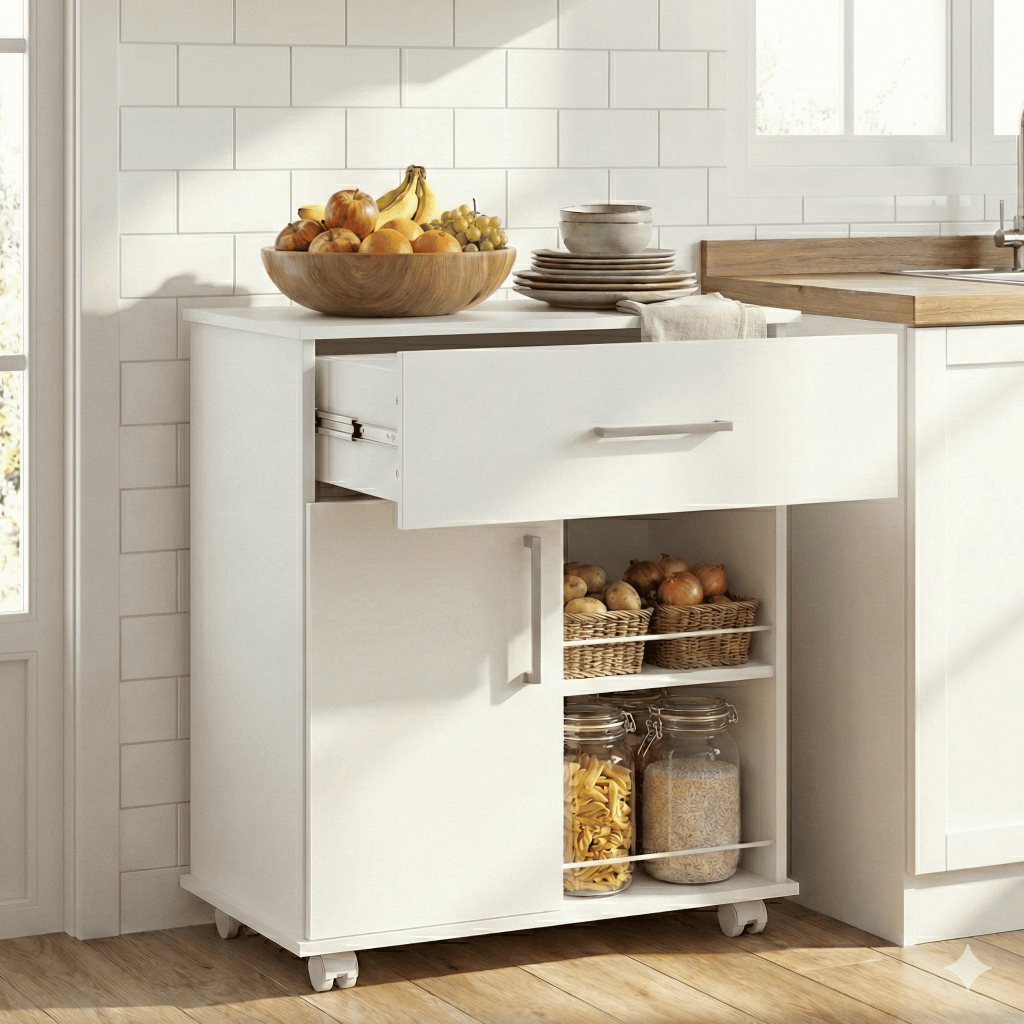 Fruteira de Chão Multiuso com Gaveta, Porta e Rodízios Organizador de Cozinha em Oferta na Shopee