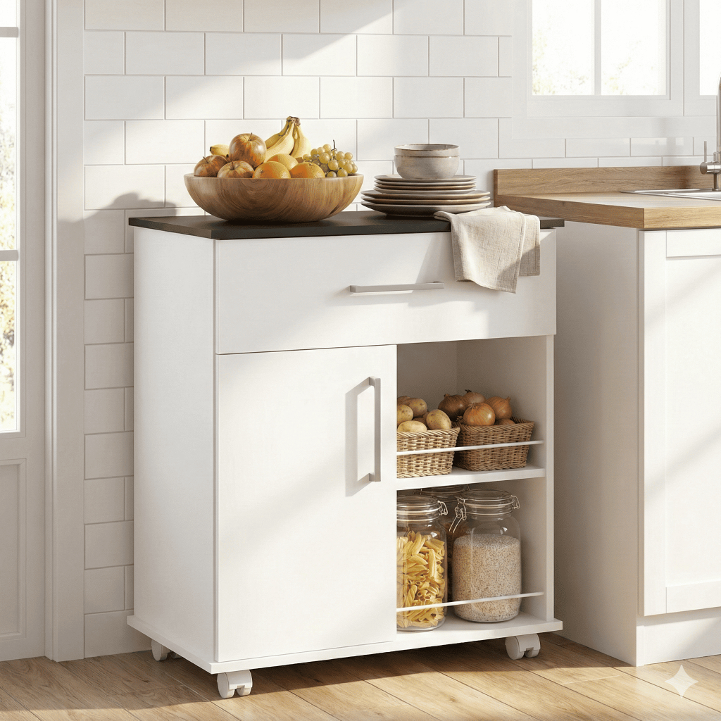 Armário Auxiliar Fruteira com Rodinhas e Gavetão para Cozinha e Lavanderia em Oferta na Shopee