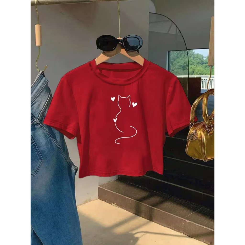 Crooped Feminino Algodão100% Estilo Casual e Versátil Gatinho Coração