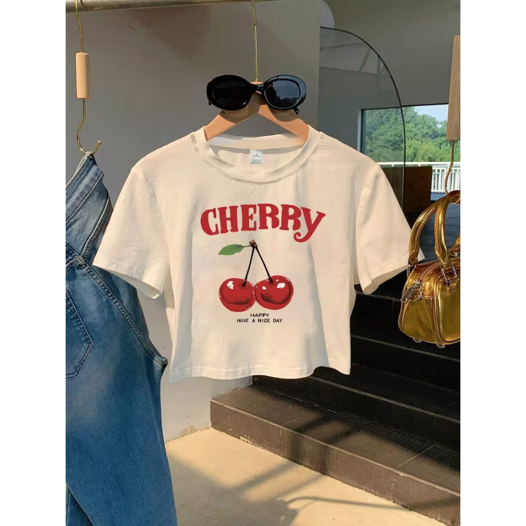 Crooped Feminino Casual Algodão100% Estiloso Cherry