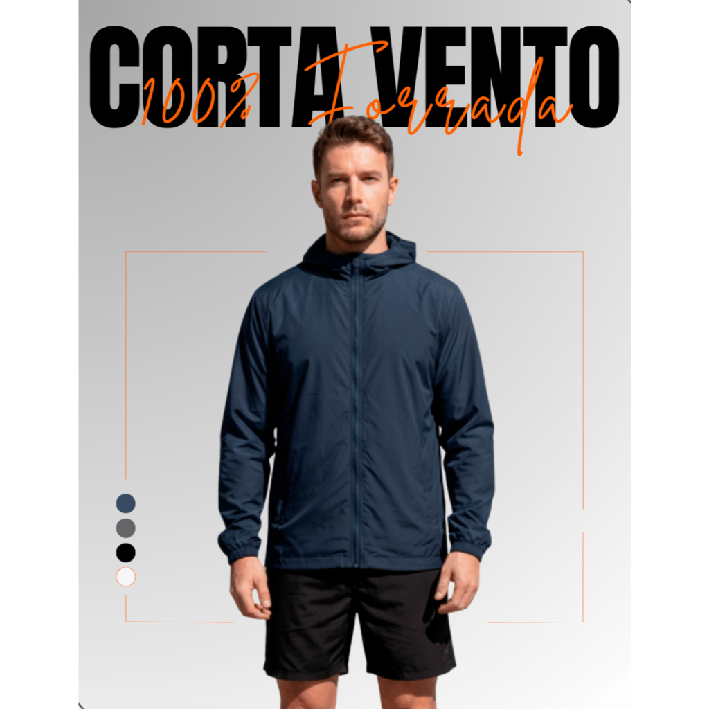 Corta Vento Jaqueta 100% Forrada Masculina Lisa com Capuz e Bolso e Zíper Academia